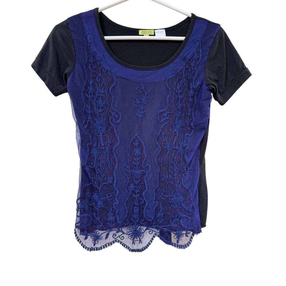Chan Luu Small Blue Black Lace Stretch Pullover Short Sleeve Top NWOT